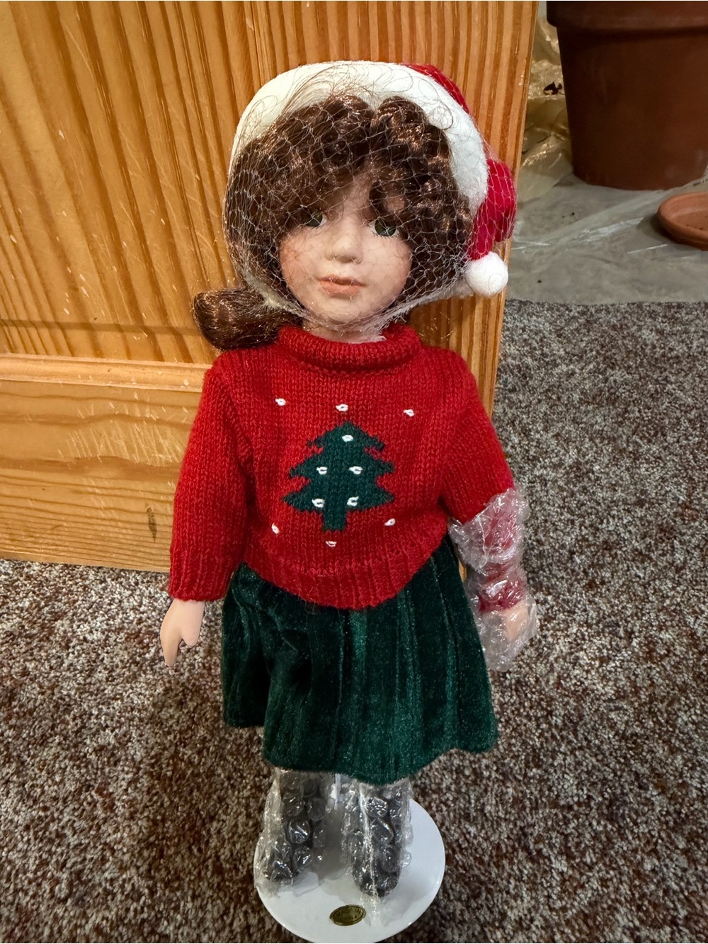 Christmas Porcelain Doll in Red Sweater with Green Tree NEW 10”